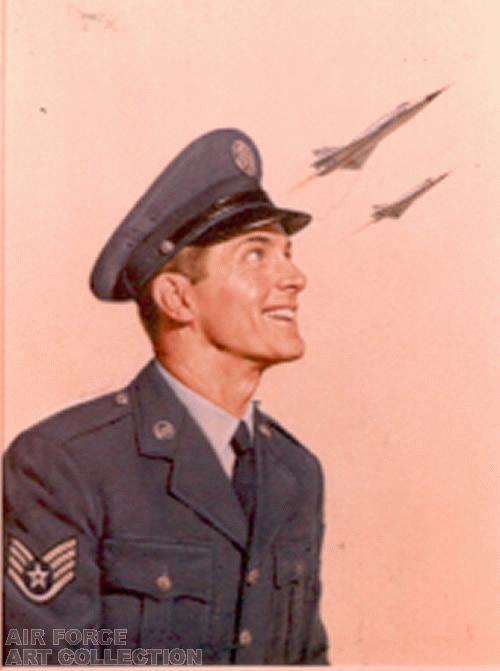 SSGT WITH TWO F-102S IN FLIGHT IN BACKGROUND
